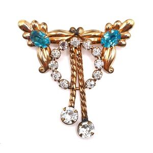 DeCurtis Signed Gold Filled Rhinestone Vintage Bow Like Pin Brooch